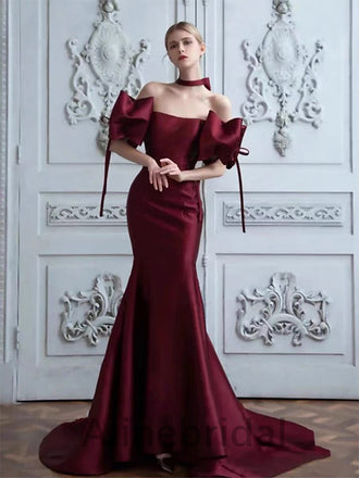 Elegant Square Off the Shoulder Burgundy Mermaid Long Prom Dress, PD3591