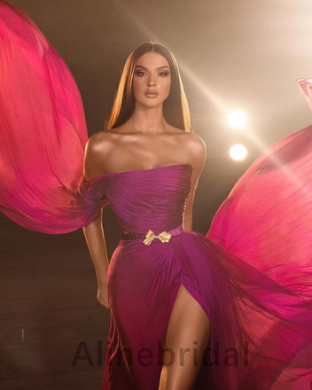 Elegant Hot Pink One shoulder Sleeveless Side slit A-line Long Prom Dress, PD3585