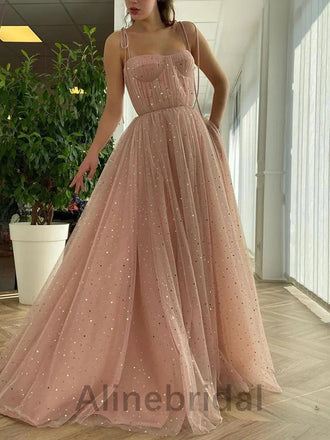 Elegant Pink Square Sleeveless A-line Tulle Prom Dress with Gold Sparkle, PD3593