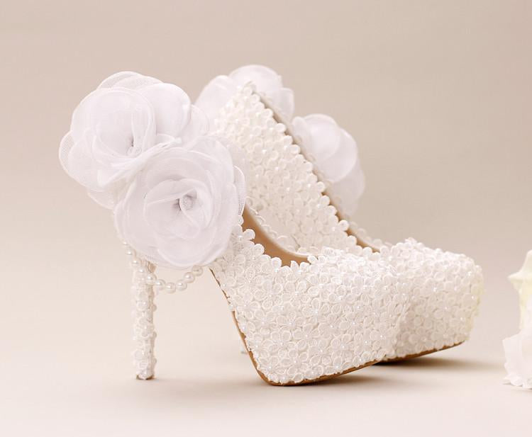 Pointed Toe Lace Pearls Wedding Shoes With Handmade Flowers, S033