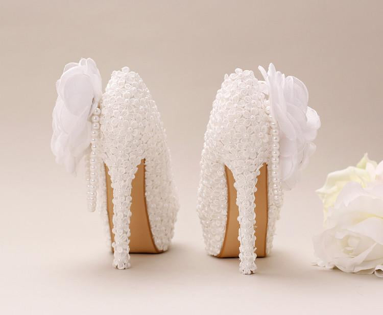 Pointed Toe Lace Pearls Wedding Shoes With Handmade Flowers, S033