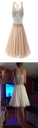 Short Sparkly Vintage Sleeveless V-neck Rhinestone Top Chiffon Open Back Homecoming Dresses,BD0036