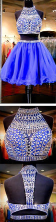 Sexy two pieces beaded Royal Blue short homecoming prom dresses, CM0028