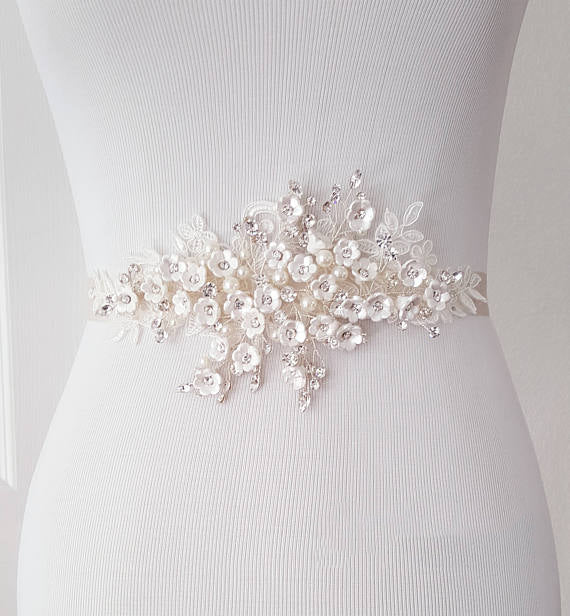 Gorgeous Beading Sash, White Lace Flowers Beading Sash,Elegant Girl Sash,Bridesmaids Wedding Sash, SA0013