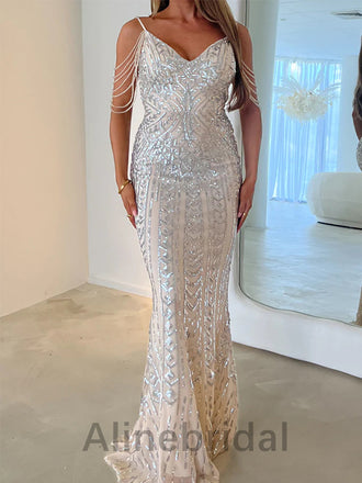 Sexy Silver V-neck Off shoulder Sleeveless Mermaid Long Prom Dress, PD3619