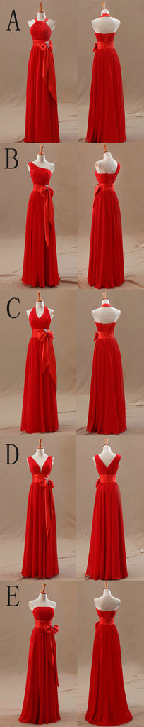 Mismatched Junior Chiffon Red Long A Line Formal Cheap Maxi Bridesmaid Dresses with Bow, WG63