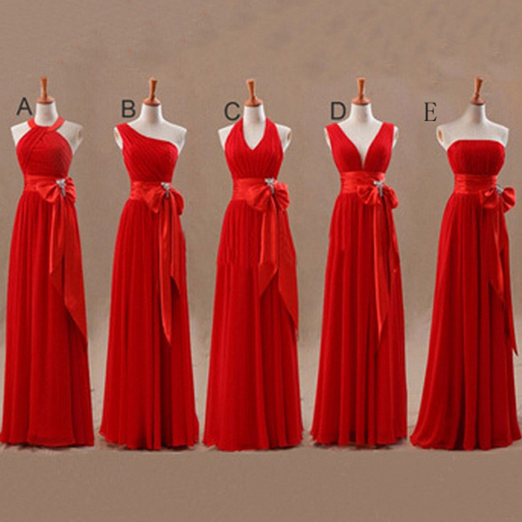 Mismatched Junior Chiffon Red Long A Line Formal Cheap Maxi Bridesmaid Dresses with Bow, WG63