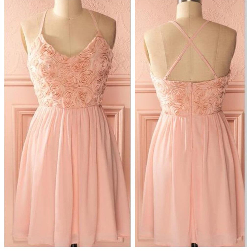 peach pink spaghetti strap freshman homecoming dress,BD0074
