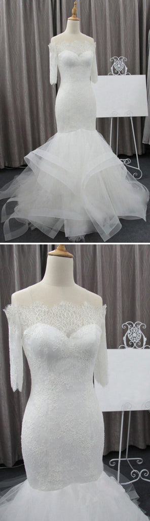 Vintage Off Shoulder Half Sleeve Lace Sexy Mermaid Wedding Party Dresses, WD0075