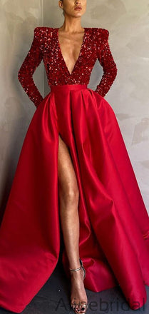 Stunning Bugundy Red Deep V-Neck Aline Long Fashion Prom Dresses, PD1039