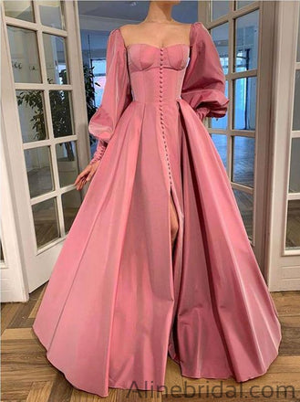 Elegant Pink A-line Long Sleeves Modest Long Prom Dresses PD1033