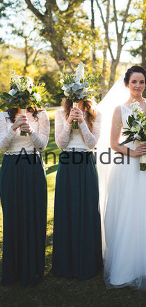 Elegant Lace Top Blue Skirt A-line Modest Bridesmaid Dress with Sleeves, AB4226