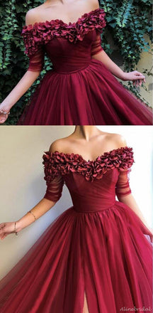 A-Line Off The Shoulder Burgundy Tulle Prom Dresses PD1128