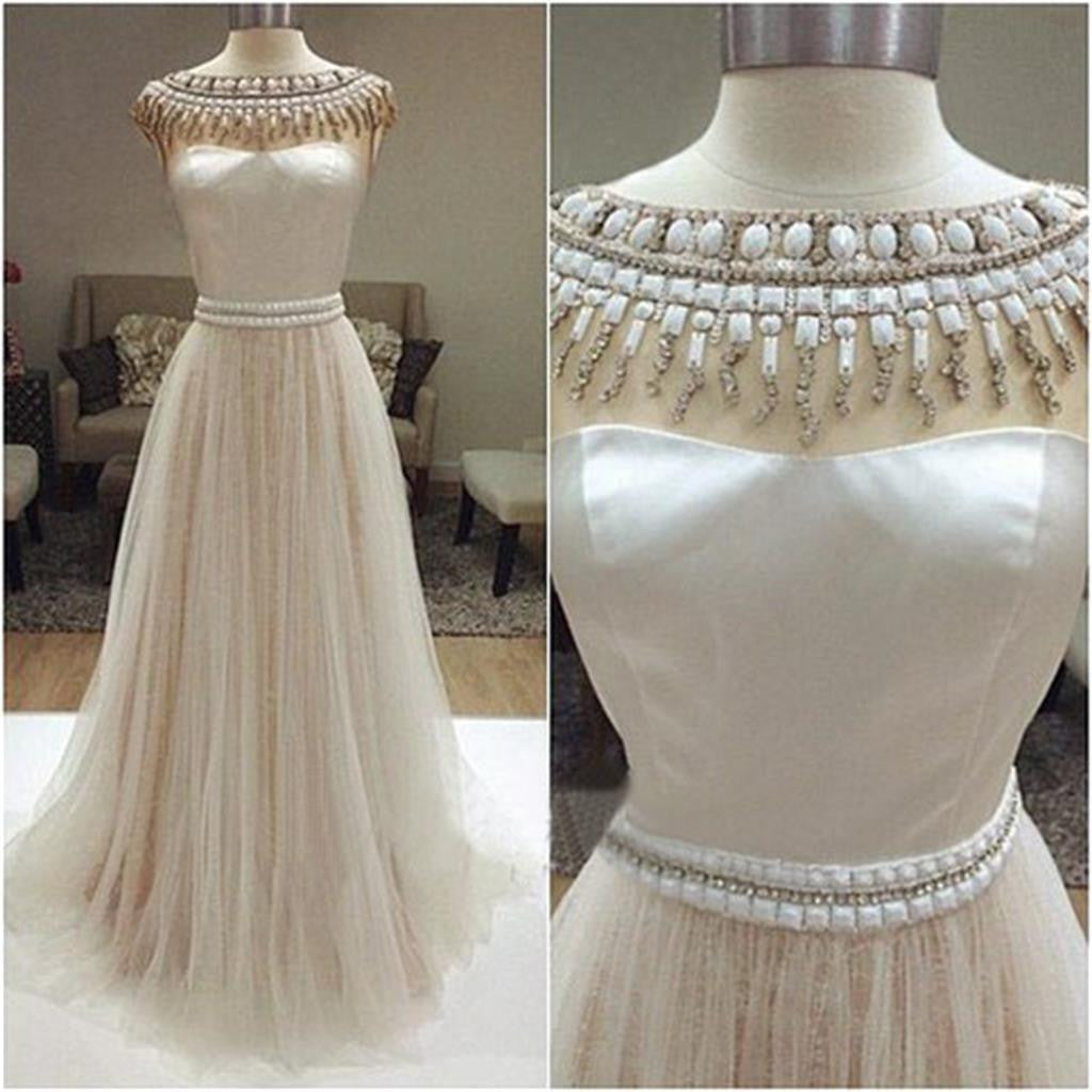 Long Ivory Charming Beaded A-line Sleeveless Wedding Dresses, WD0126