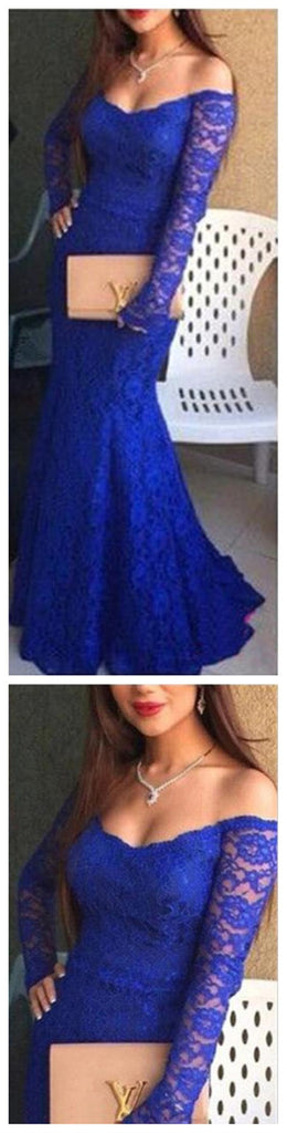 New Arrival Long Sleeve Royal Blue Lace Sexy Mermaid Cocktail Prom Gown Dress,PD0116