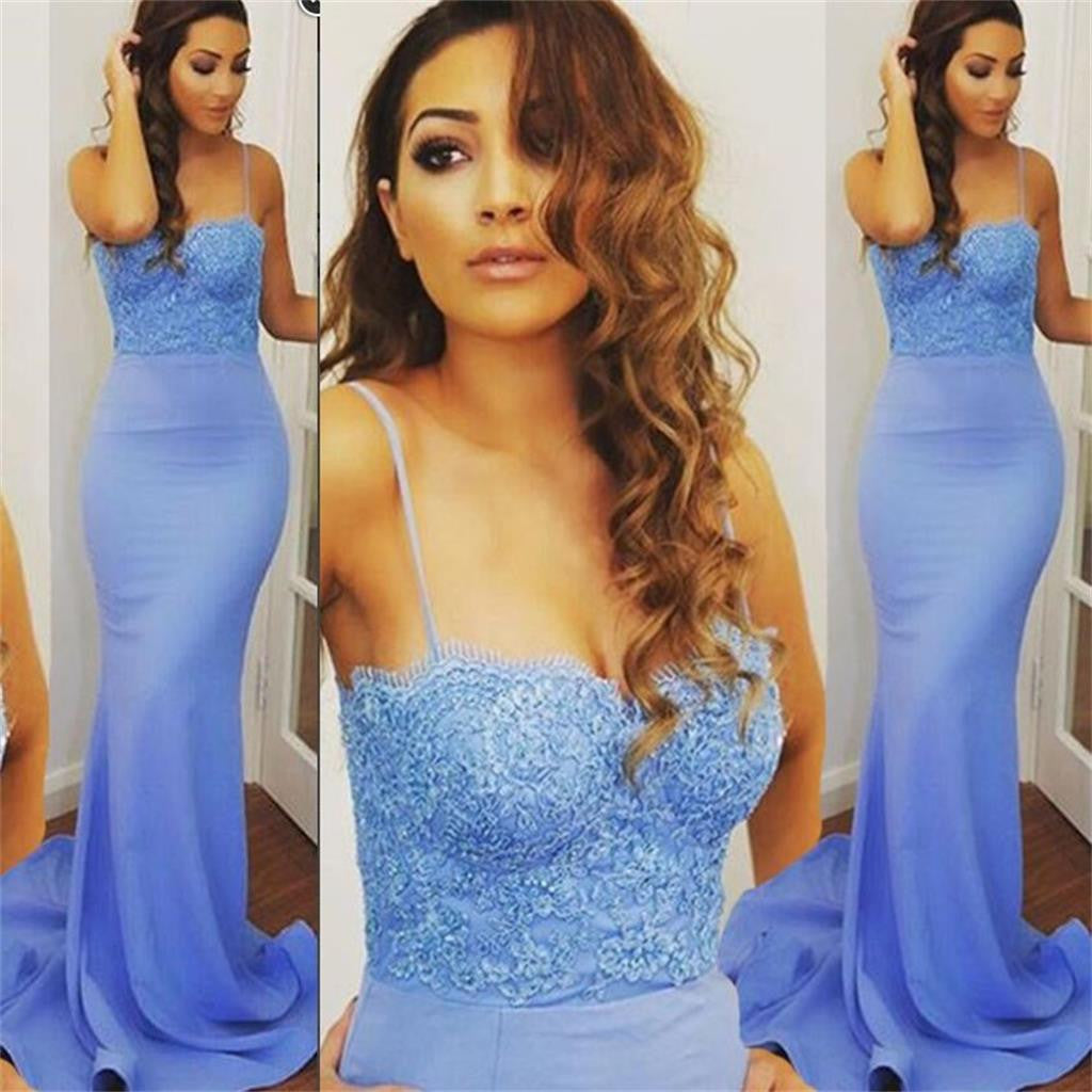 Long Spaghetti Straps Mermaid Blue Sexy Cocktail Prom Dresses Online,PD0151