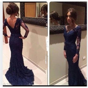 Long Sleeve Custom Navy Lace V-neck Mermaid Simple Formal Evening Prom Dress , PD0017