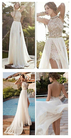 Popular Convertible Lace Chiffon Backless Sexy High Neck Side Slit Wedding Dresses,  PD0018
