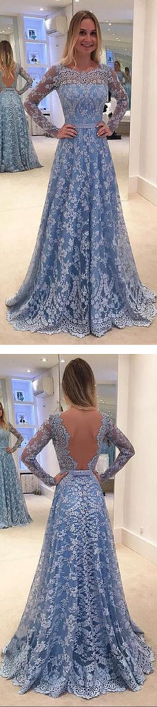 Long Sleeve  Blue Lace A-line Open Back Cocktail Evening Party Prom Dresses Online,PD0182