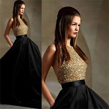 Long Gold Sequin Black A-line Ball Gown Sparkly Formal Prom Dress, PD10023