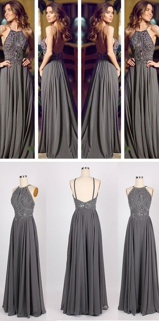 Popular Gray Chiffon Cheap Backless Sexy Evening Prom Dresses,PD0032