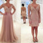 Long Sleeve Lace Tulle Pink Sexy V-neck Formal Prom Dresses,PD0034