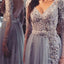 Popular Long Sleeve Grey Lace Backless V-neck Cocktail Unique Formal Prom Dress,PD0038