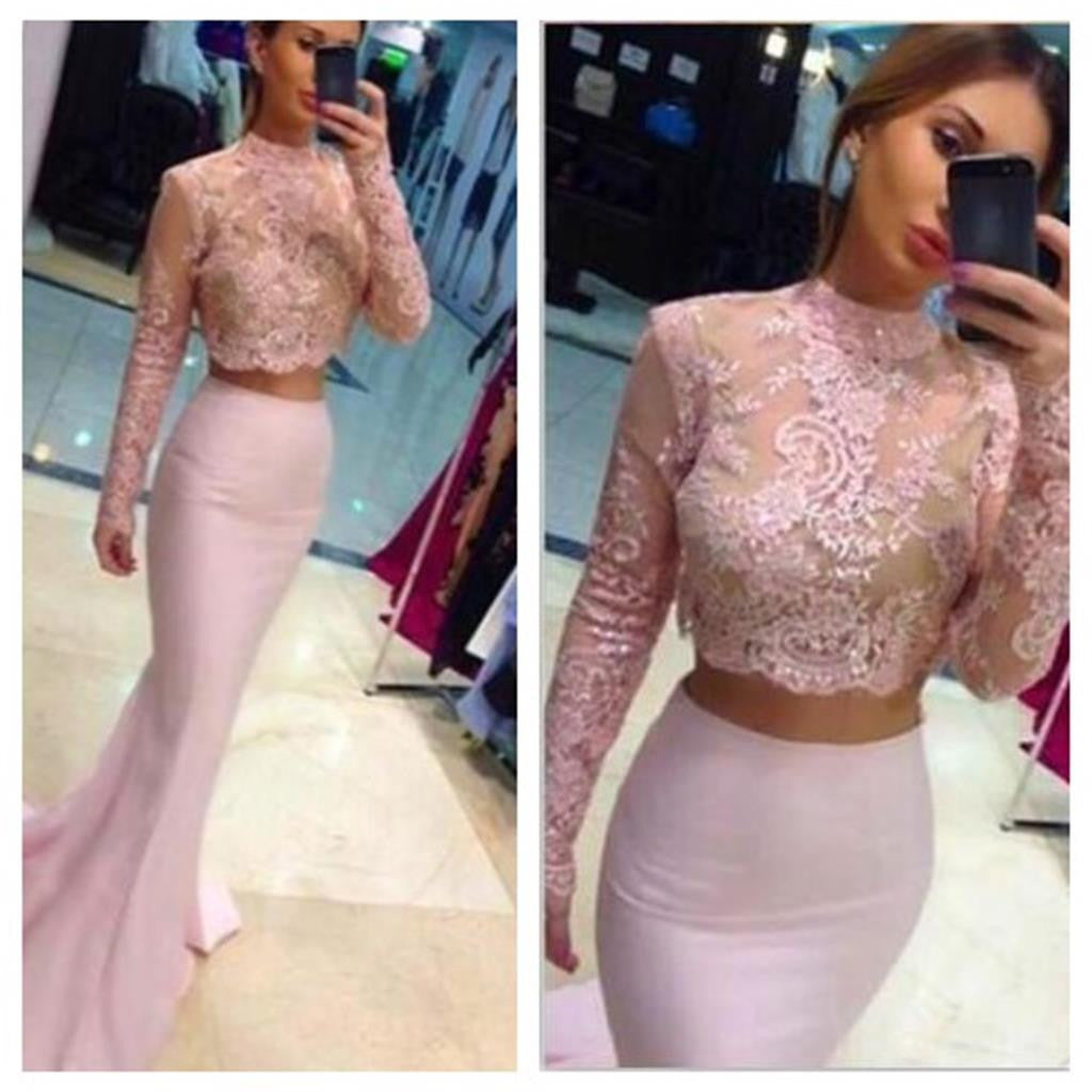 Long Sleeves Pink  Custom Two Pieces Pink Tight Evening Party Formal Prom Dress ,PD0054