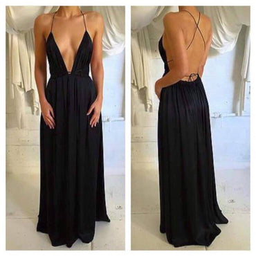 Long Black Spaghetti Straps Simple Deep V-neck Open Back Sexy Party Prom Dress,PD0060