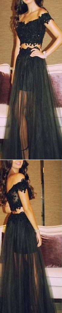 Long Black Two Pieces See Through Unique Style Lace Off Shoulder Evening Party Prom Dress, PD0081