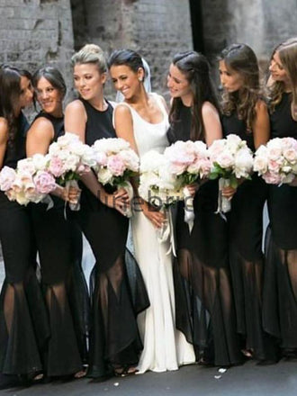 Black Jersey Organza Mermaid High Low Unique Long Bridesmaid Dresses, AB4083