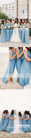 Blue Chiffon V-neck Simple Beach Wedding Bridesmaid Dresses With Splits, AB1226