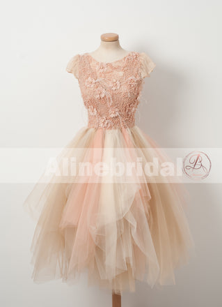 Blush Pink Beaded Handmade Flowers Cap Sleeve Unique Ruffles Homecoming Dresses,BD00227