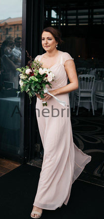 Blush Pink Chiffon Lace Cap Sleeve A-line Long Bridesmaid Dresses, AB4107
