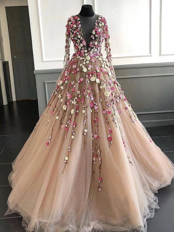 Blush Pink Tulle 3D Appliques Long Sleeve Prom Dresses,PD00337