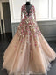 Blush Pink Tulle 3D Appliques Long Sleeve Prom Dresses,PD00337