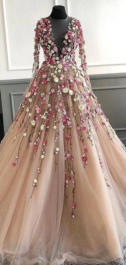 Blush Pink Tulle 3D Appliques Long Sleeve Prom Dresses,PD00337