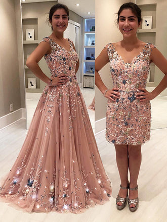 Blush Pink Tulle Beading Applique Two Piece Prom Dresses.PD00215