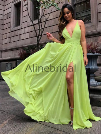 Bright Yellow Chiffon V-neck Slip A-line Summer Wedding Bridesmaid Dresses , AB4098