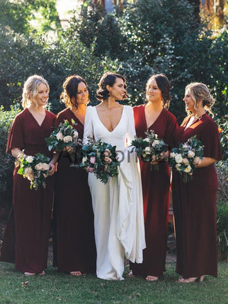 Burgundy V-neck Half Sleeve Plus Size Bridesmaid Dresses, AB4106