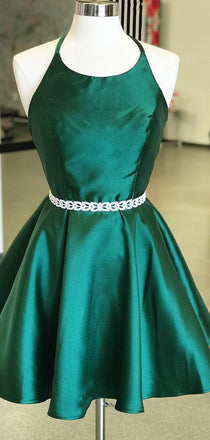 Dark Green Satin Spaghetti Strap Halter Open Back Homecoming Dresses,HD0044
