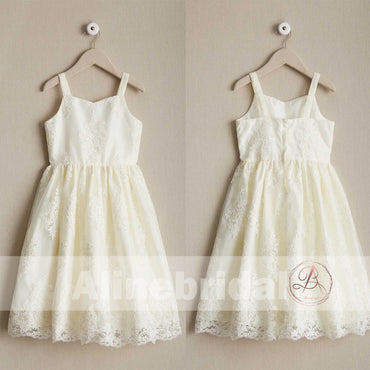 Dark Ivory Lace Spaghetti Straps A-line Flower Girl Dresses, FGS094
