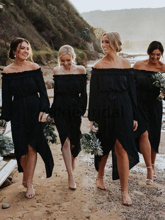Dark Navy Off Shoulder Long Sleeve High Low Knee Length Bridesmaid Dresses, AB4105