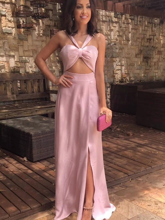 Dusty Pink Halter Slit Sheath Long Prom Dresses.PD00282