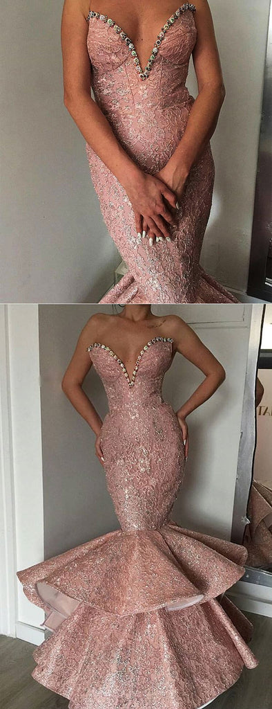 Dusty Pink Satin Shiny Lace Strapless Mermaid Prom Dresses,PD00185