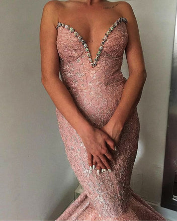 Dusty Pink Satin Shiny Lace Strapless Mermaid Prom Dresses,PD00185