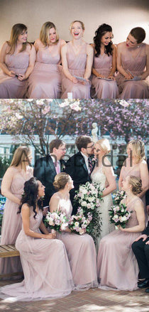 Dusty Pink Tulle V-neck Sweetheart Neckline Long Bridesmaid Dresses, AB4112