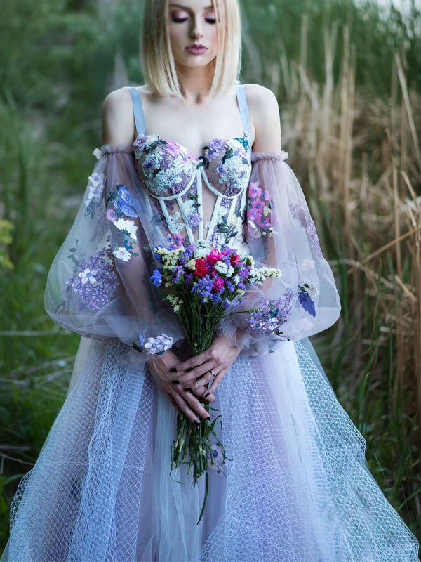 Elegant Dusty Lavender Floral Spaghetti Strap Sweetheart A-line Tulle Long Prom Dress, PD3156