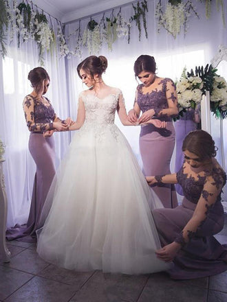 Elegant Lilac Lace Long Sleeves Mermaid Bridesmaid Dresses, AB1193
