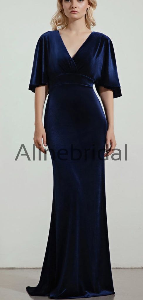 Elegant Mermaid Blue Velvet Half Sleeves Long Bridesmaid Dresses AB4241